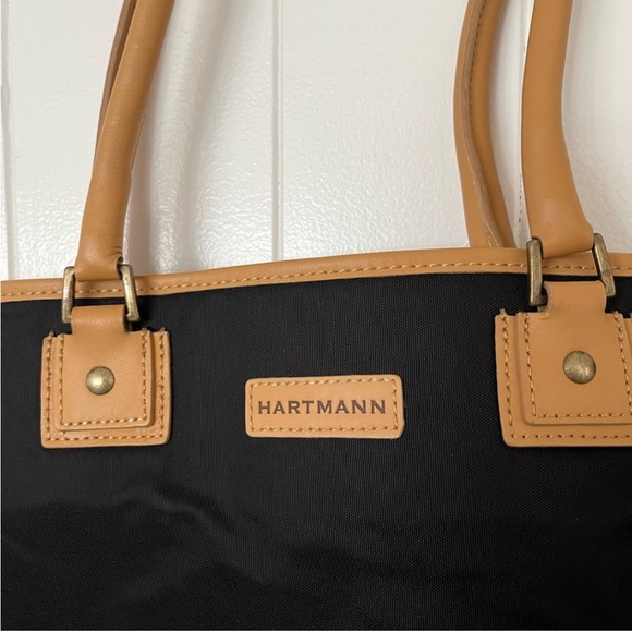Hartmann XL Large Canvas Leather Tote Bag Purse Travel Black Tan 18” x 12” x 6” - Picture 4 of 12